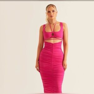 Alana Eve Lexie Midi Dress Size Small Hot Pink Ruched Cutout Bodycon NWT
